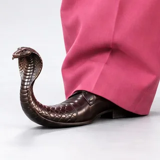 Shoe with a cobra head curling up from the toe