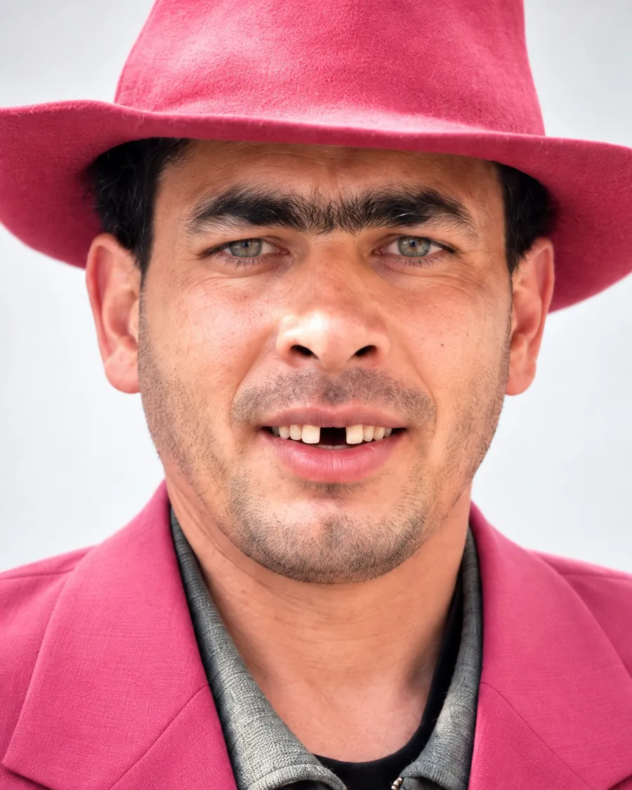 Close-up of Pink Thug grinning under a pink felt fedora